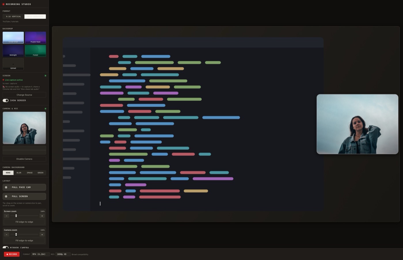 Landscape mode: screen panel over a backdrop with the camera keyed in, backdrop presets in the sidebar